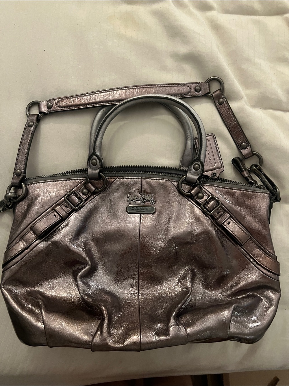 Coach Metallic Pewter Leather Shoulder Satchel - Pewter Madison Collection